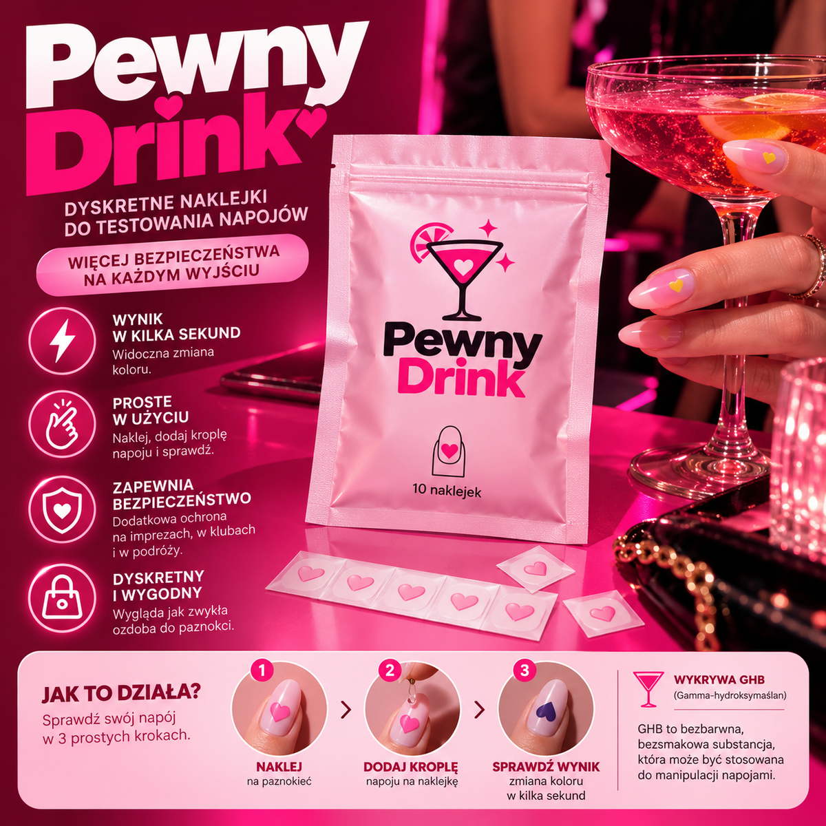 Pewny Drink™ – Dyskretny Test Napojów | 10 Naklejek